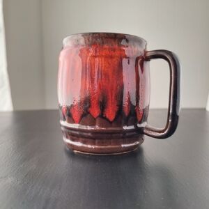 Canuck (Evangeline ) pottery barrel shaped Mug red orange drip glaze MCM